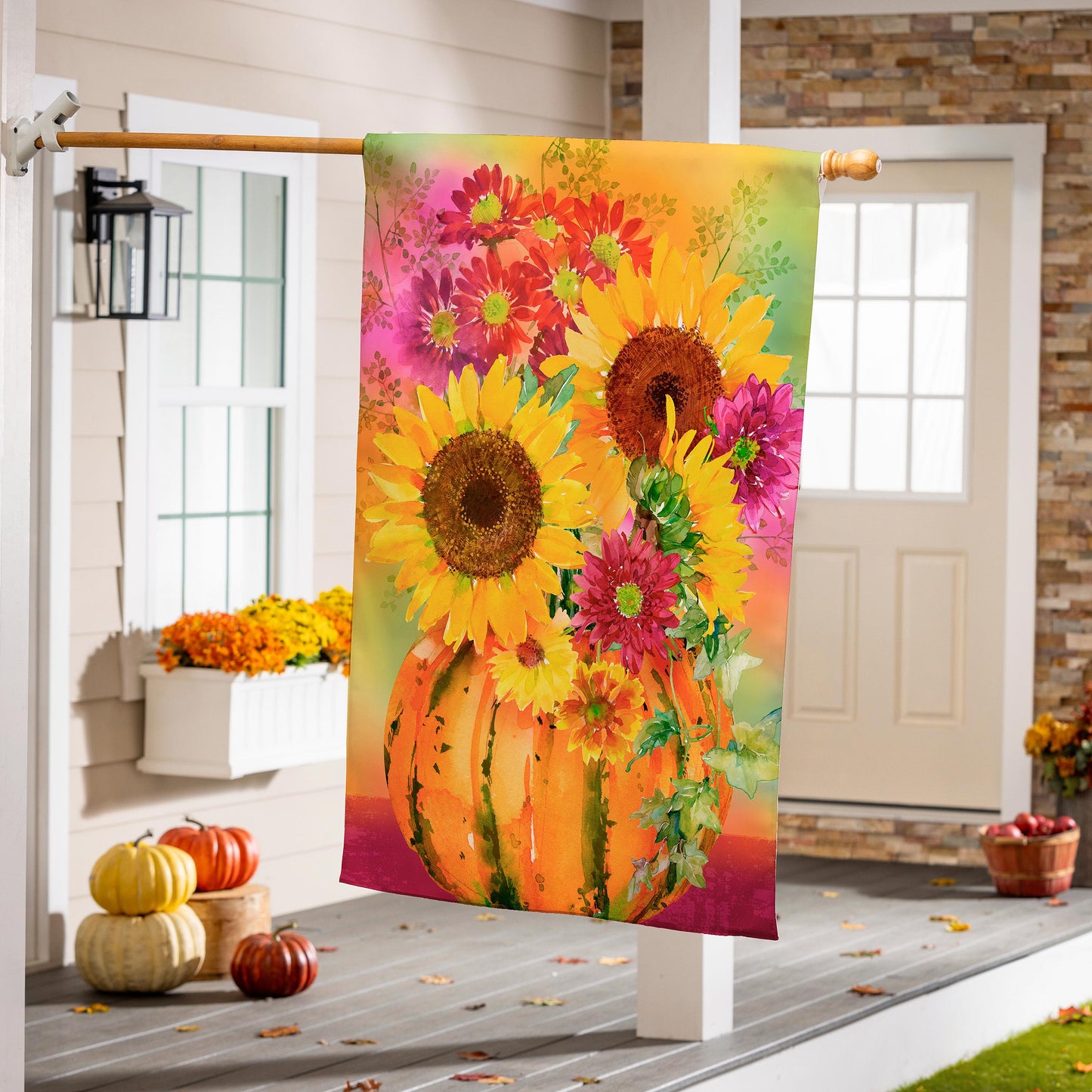 House Flag - Pumpkin Floral Watercolor Burlap