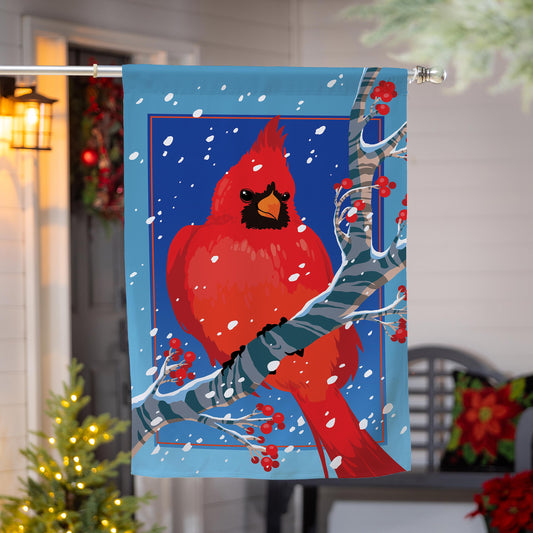 House Flag - Snowy Cardinal Burlap