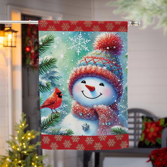 House Flag - Snowman with Cardinal Friends Suede