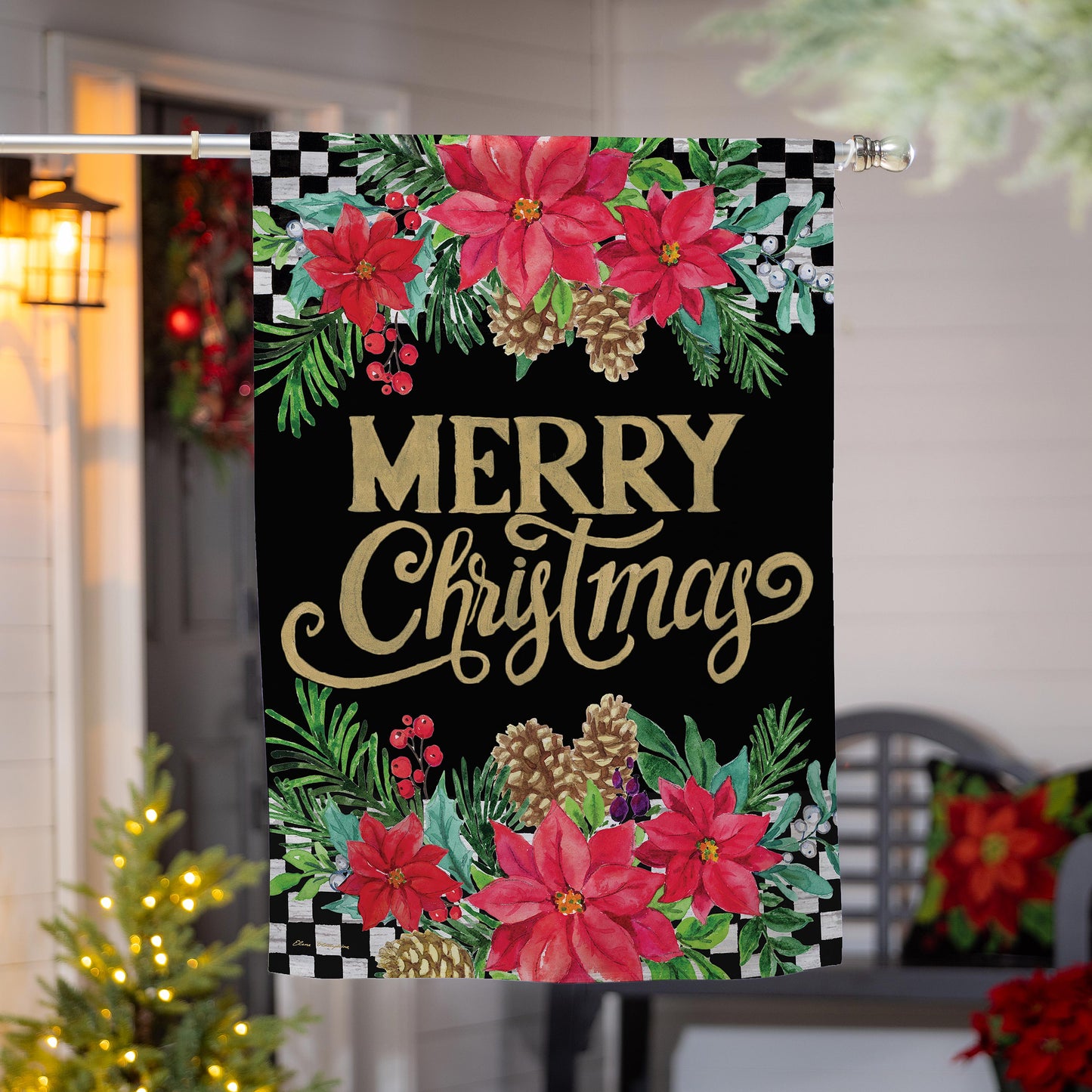 House Flag - Floral Checkered Merry Christmas Sued