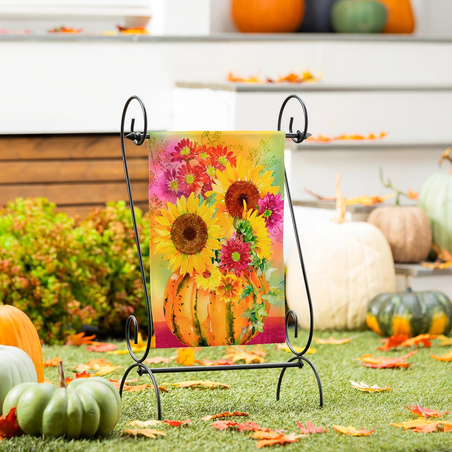 Garden Flag - Pumpkin Floral Watercolor Burlap