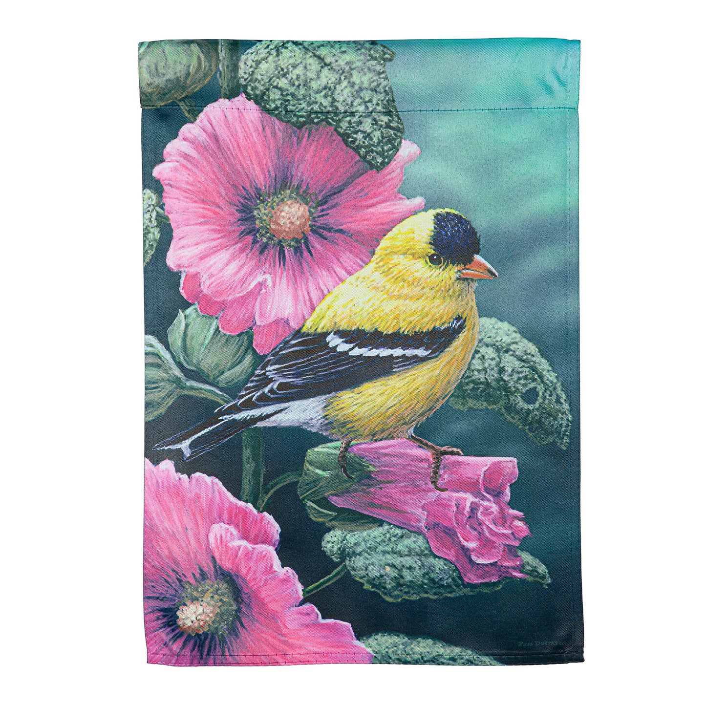 Garden Flag - Goldfinch on Hollyhocks