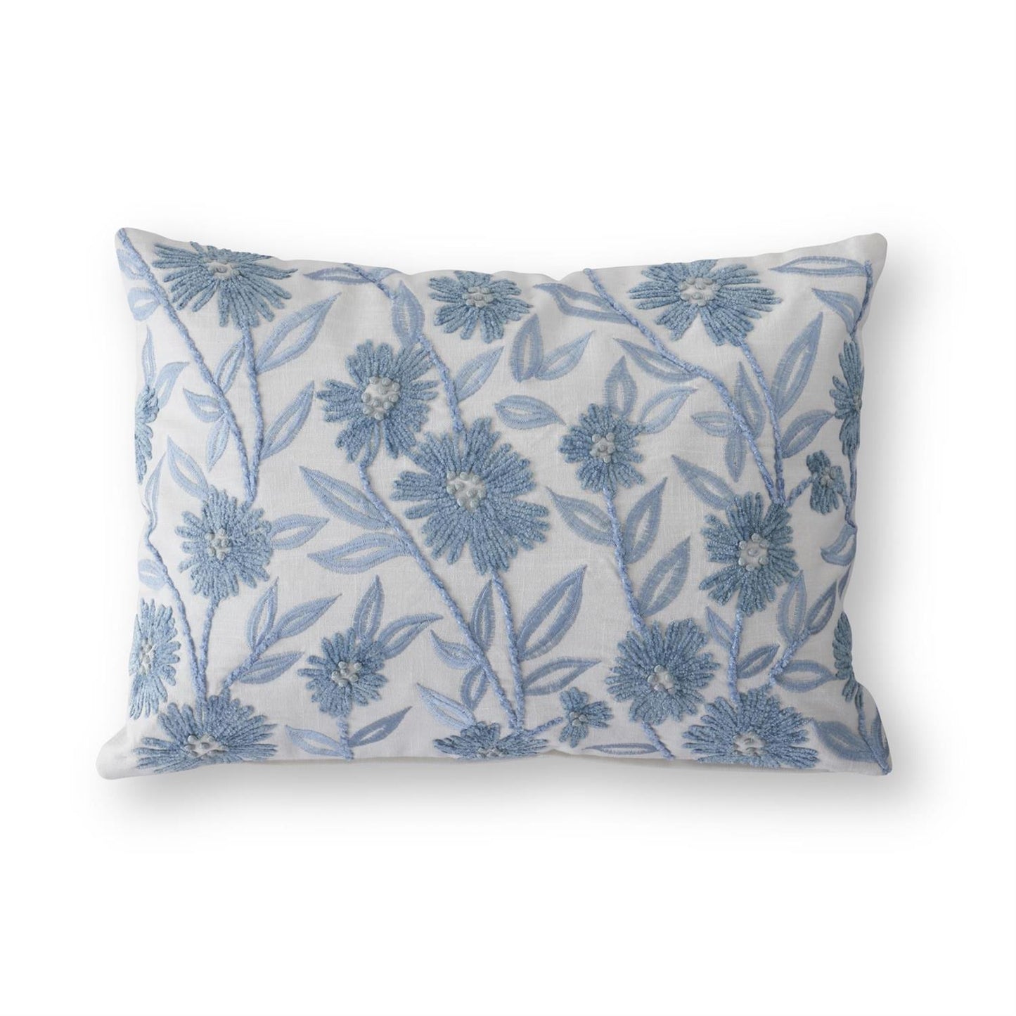 14" Lumbar White Linen & Blue Embroidered Floral Pillow