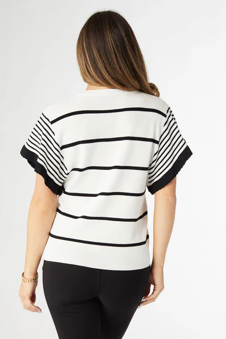 Claudia Knit Striped Top w/ Scallop Sleeve