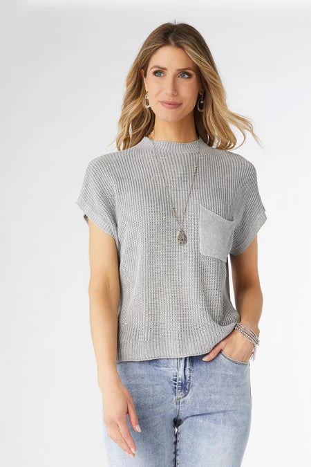 Fernanda Cap Sleeve Knit Top w/ Pocket - Grey