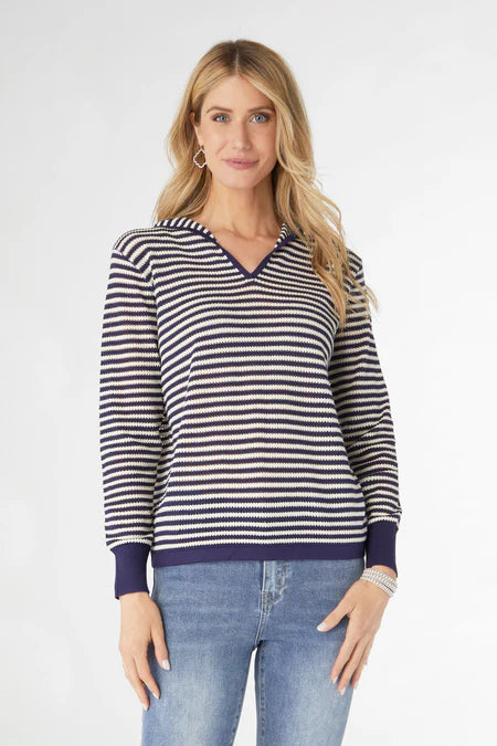 Aruni V-Neck Striped Top w/ Hood - Navy