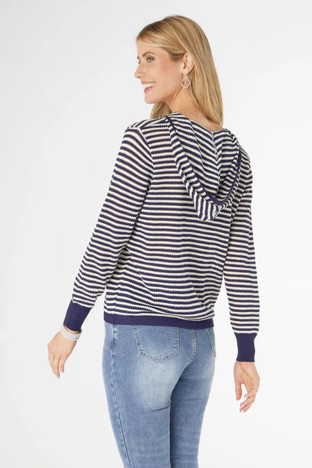 Aruni V-Neck Striped Top w/ Hood - Navy