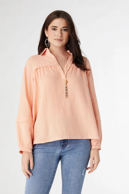 Kacey Long Sleeve Gauze Top - Light Coral