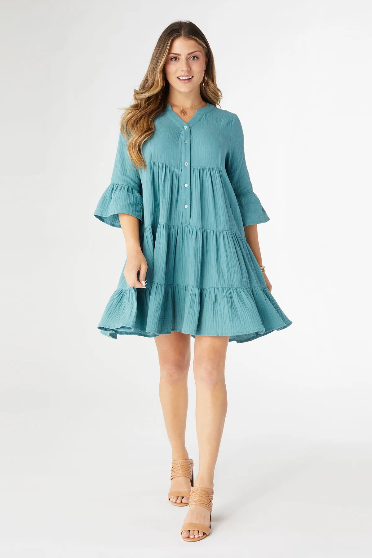 Lilith Elbow Sleeve Dress - Blue Surf