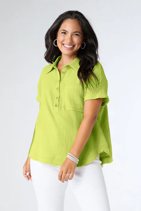 Gina Button Down Gauze Top - Lime