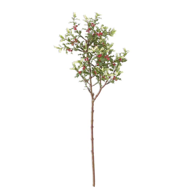 27" Green Holly Berry Branch w/ White Tips