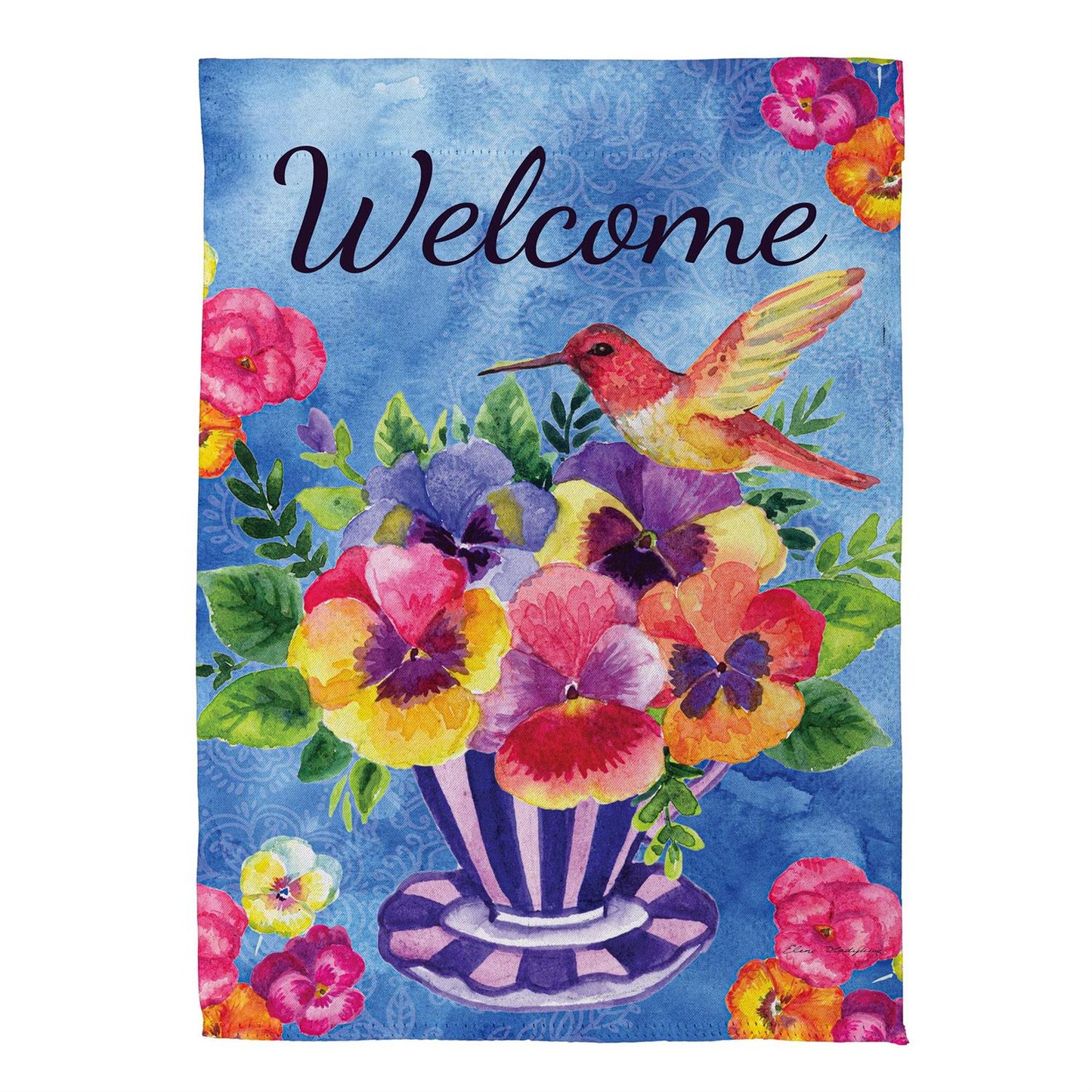 Garden Flag - Pansies & Hummingbird Tea Cup