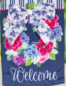 House Flag - Chinoiserie Bow Floral Wreath