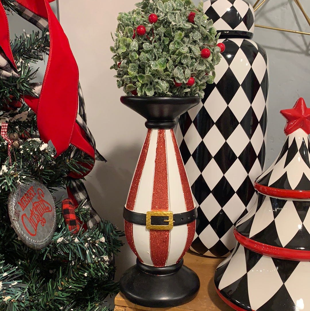 Small Red and White Glittered Santa Belt Candlestick Holder