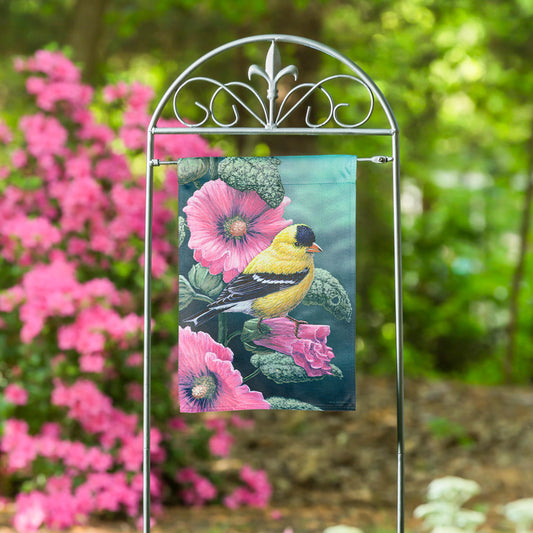 Garden Flag - Goldfinch on Hollyhocks