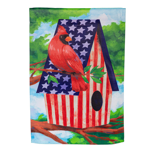 Garden Flag - Patriotic Cardinal Birdhouse