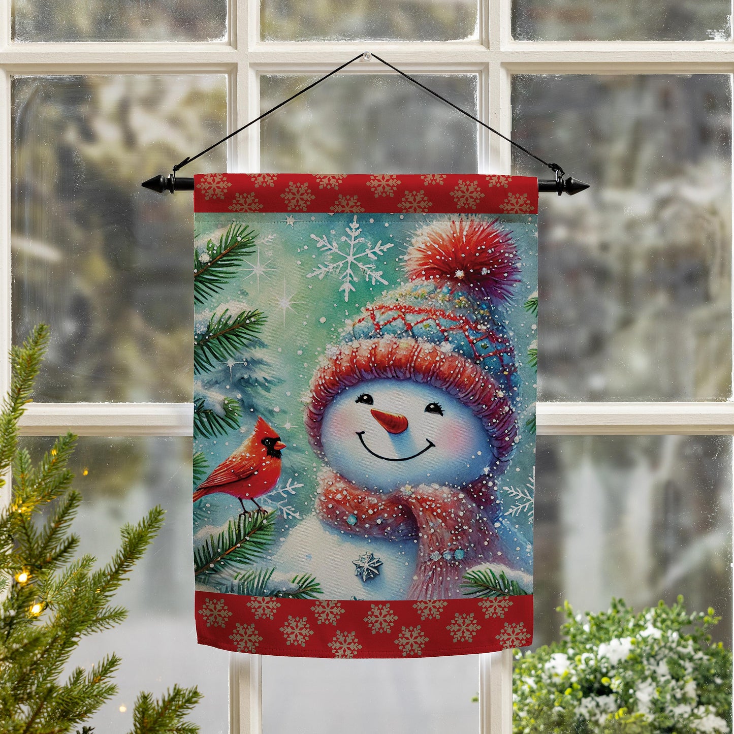 Garden Flag - Snowman with Cardinal Friend Suede