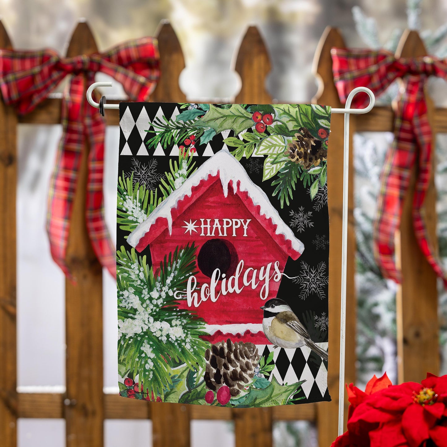 Garden Flag - Floral Red Birdhouse Suede