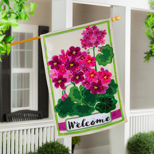House Flag - Pink Geranium Welcome