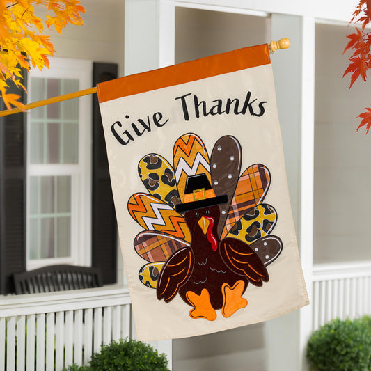 House Flag - Give Thanks Patterned Turkey Applique