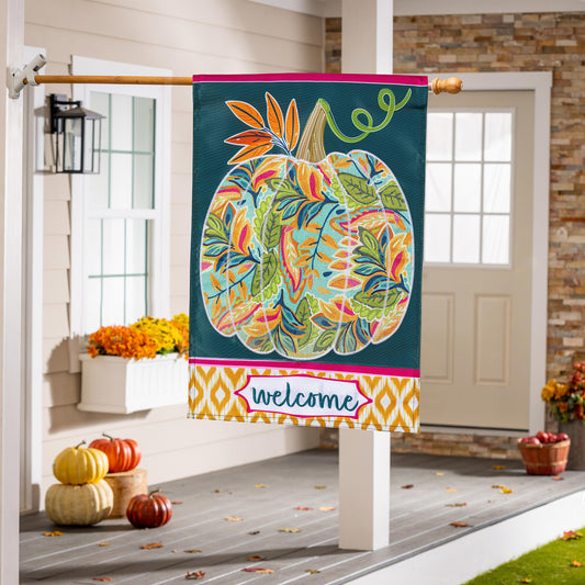 House Flag - Patterened Jacobean Floral Pumpkin Ap