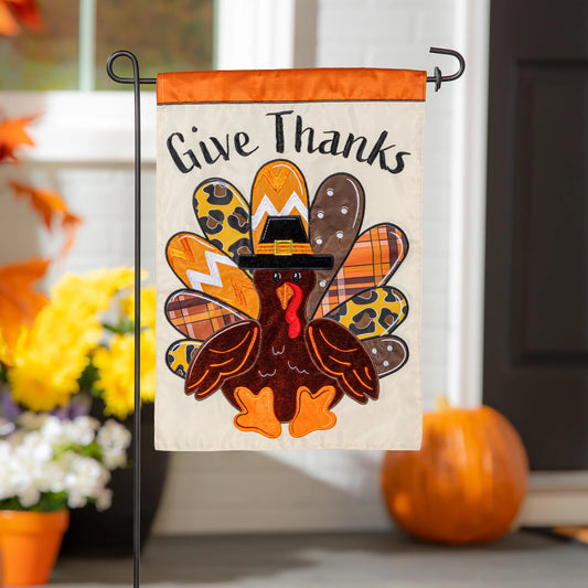 Garden Flag - Give Thanks Patterned Turkey Appliqu