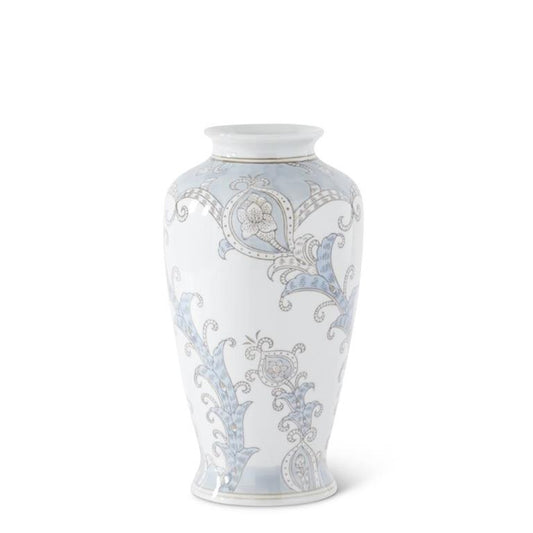 12" Light Blue & Gray Floral Ceramic Vase