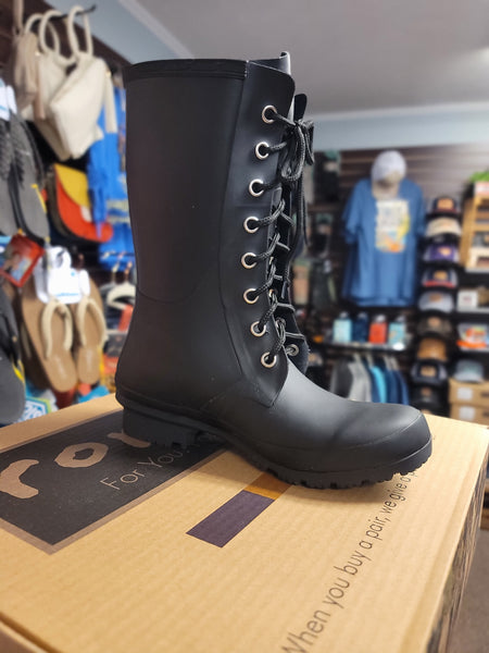 Women's Matte Black Lace-Up Rain Boots (Tall)