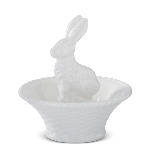 9.5" White Dolomite Bunny in Basket Bowl