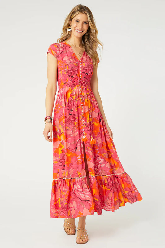 Aliya Button Front Maxi - Pink & Orange