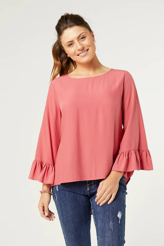 Aubrielle Top w/ Ruffle Sleeve - Salmon