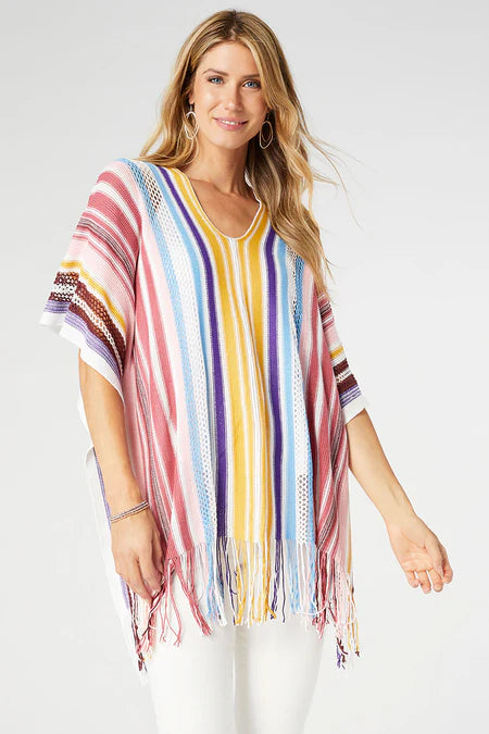 Neva V-Neck Poncho w/ Fringe - Pink