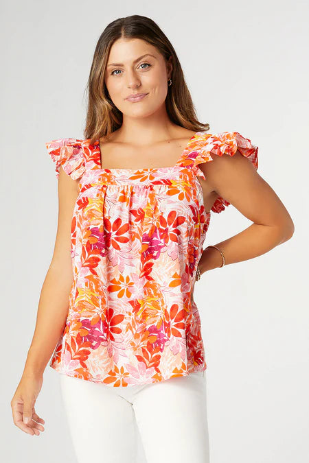 Flora Flutter Sleeve Tank - Orange