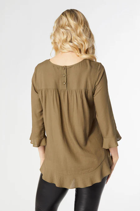 Virginia Ruffle Sleeve Top - Olive Night