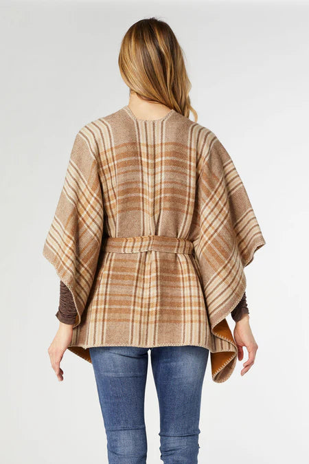 Hallie Plaid Belted Wrap - Cognac Plaid