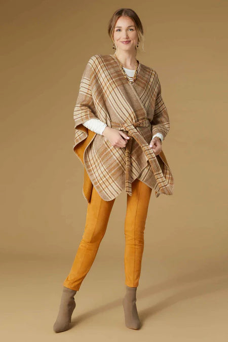 Hallie Plaid Belted Wrap - Cognac Plaid