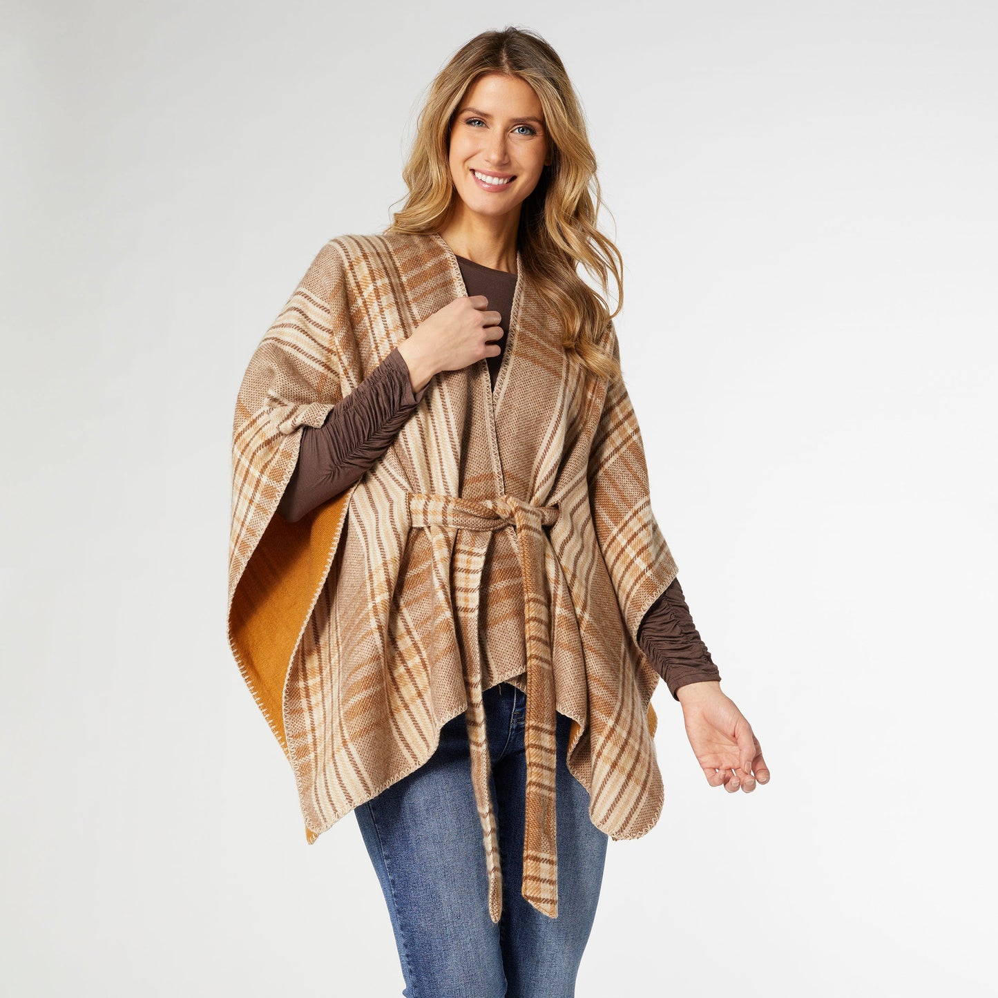 Hallie Plaid Belted Wrap - Cognac Plaid