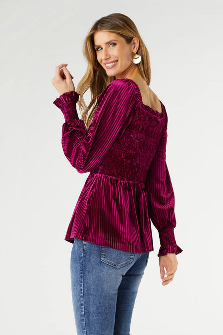 Lulu Pleated Velour Top - Wine