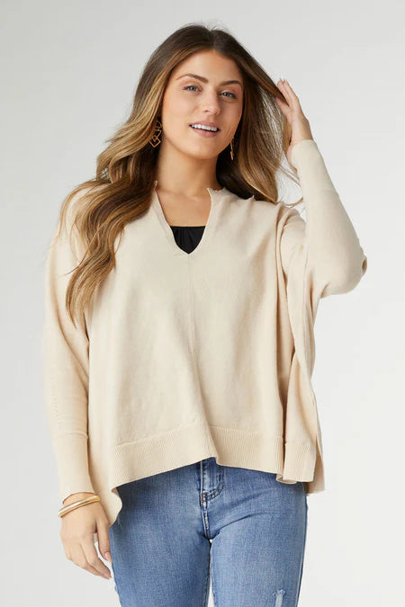 Rila V-Neck Sweater w/ Slit - Taupe