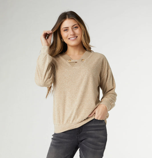 Davy V-Neck Knot Top - Oatmeal Heather