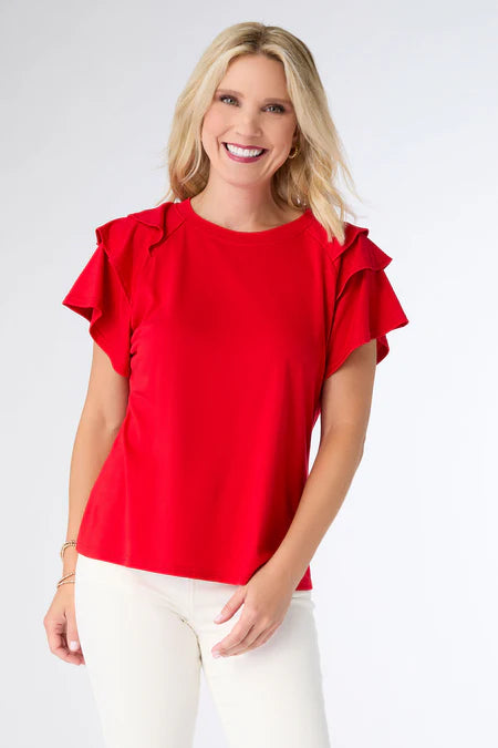 Mandy Cap Sleeve Ruffle Tee - Red