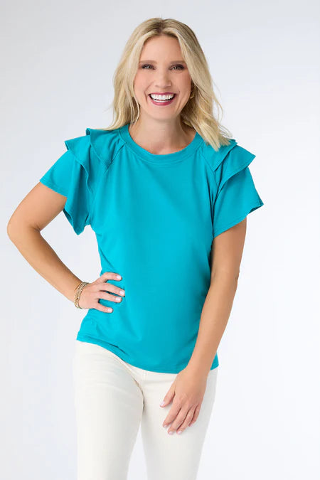 Mandy Cap Sleeve Ruffle Tee - Blue