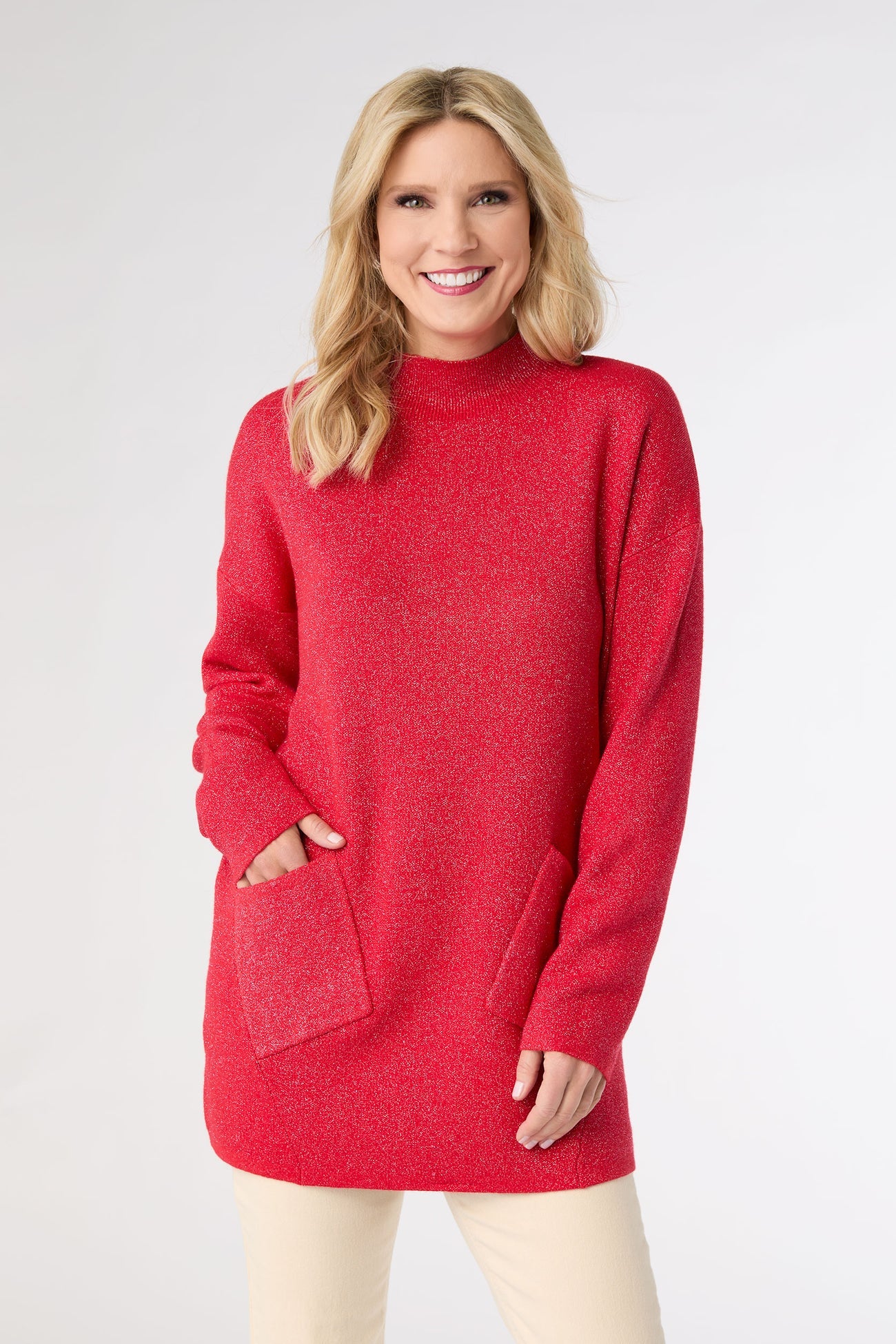 Heavenly Glitz Mock Neck Sweater - Red/Slvr