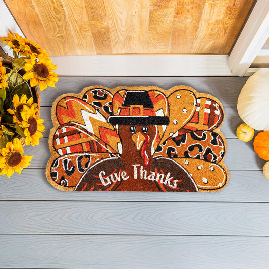 Coir Mat - Give Thanks Patterned Turkey Shaped