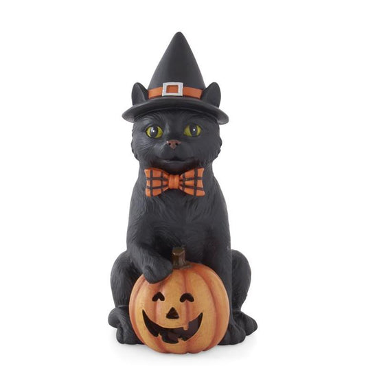 7.5 Inch Witch Hat Black Cat & LED Jack O Lantern