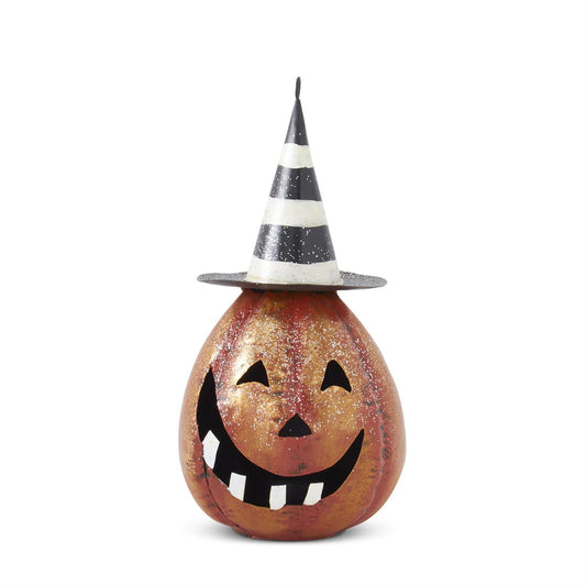 10" Metal Jack-o-Lantern w/ Striped Hat