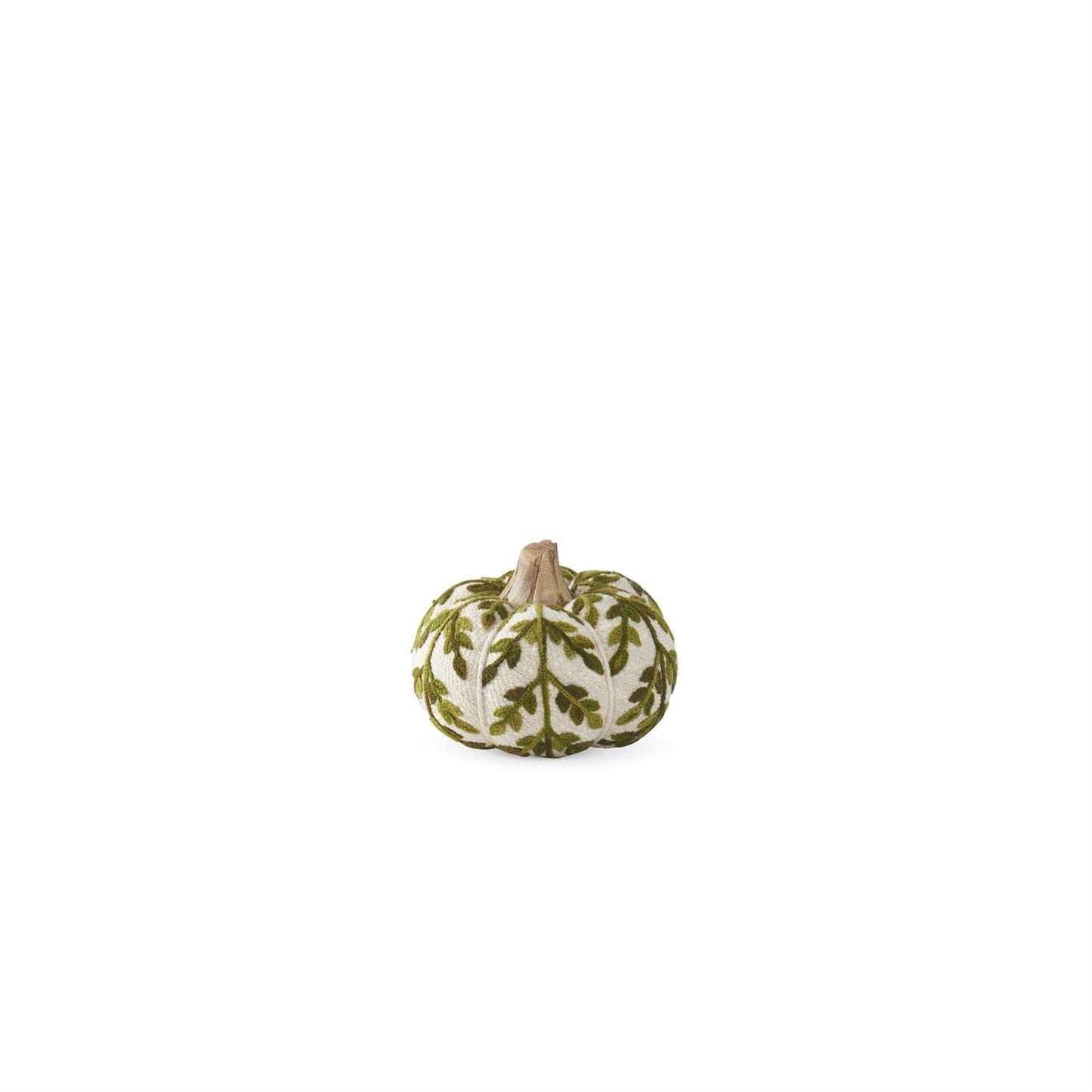 3.5" Cream & Green Foliage Knit Pumpkin w/Wood Stem