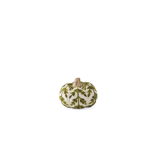 3.5" Cream & Green Foliage Knit Pumpkin w/Wood Stem