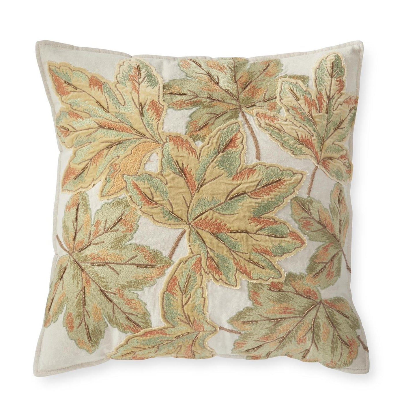 20" Pillow - Green w/ Rust Embrd/Beaded Leaf