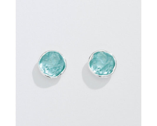 Earrings - Silver Circle w/ Aqua Enamel